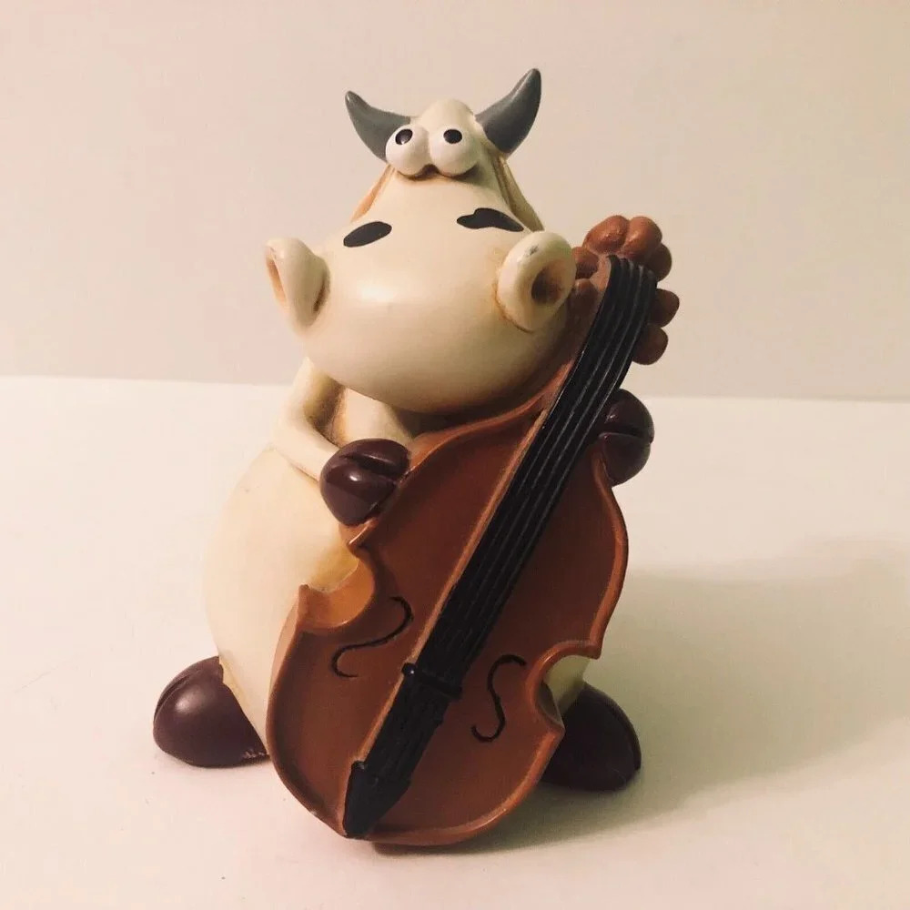 Vintage Paolo Chiari Cow Bull Playing Cello Coin Bank Figurine 5 Inch Tall